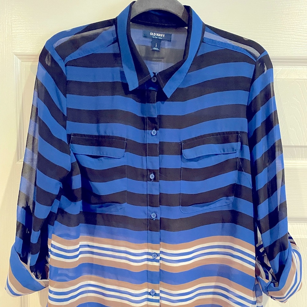 Old Navy Tunic Blouse Blue Stripe Sheer size large